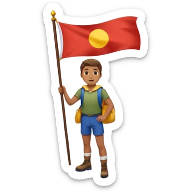 happy guy standing on top of a mountain, mountain clearly visible under his legs, little snow under his feet, holding a flag sticker