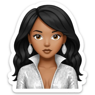 LeToya Luckett with long black hair, white sequin outfit sticker