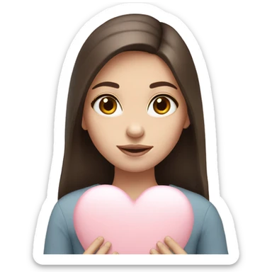 Brunette girl, white skin, holding pale pink heart  sticker