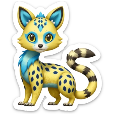 Colorful Yellow Meloetta-Civet-Sergal-Genet-Pokémon-Digimon-Fakémon-fusion-hybrid-creature with Cyan stripes and blue leopard-spot-markings  sticker