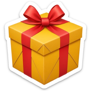 box with yellow wrapping paper and a length of red ribbon surrounding it on the bottom of the ground so you can see most of the box's cardboard sticker