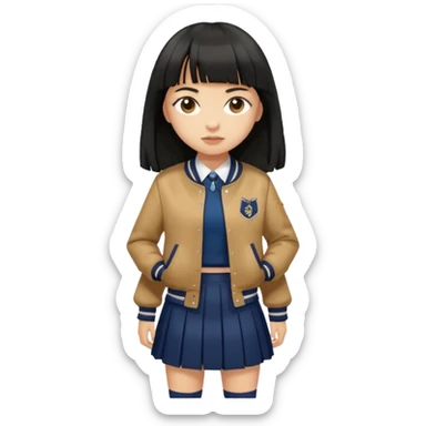 hair : black long hair with fringe 
skin : light 
cloth : brown varsity jacket + navy long long school girl skirt 


 sticker