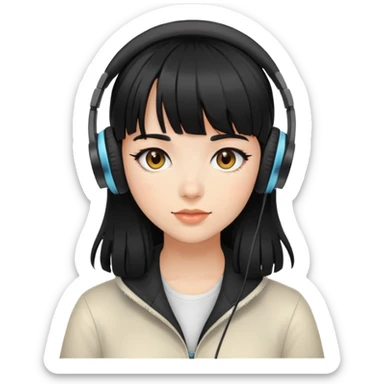 Con gái, đeo tai nghe, tóc đen, để mái sticker