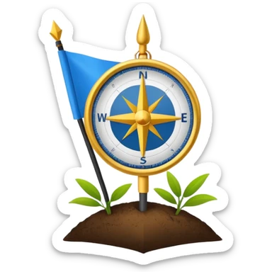 A minimal emoji of a compass pointing toward a planted flag. Flat design, confident colors, modern emoji style. Represents choosing direction and seeing it through to completion. Avoid corporate or motivational poster aesthetics. sticker