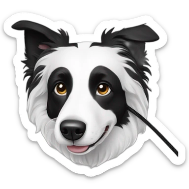 A black and white border collie with an skewed to the left white spot on his head chewing cord sticker