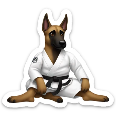 Belgian malinois wearing white jiujitsu gi with a black belt sticker