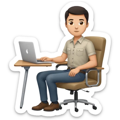 Rich man sitting on a chair, working at desk with laptop in office, in shirt, dark hair, he is german very beautiful looks like, full body view sticker