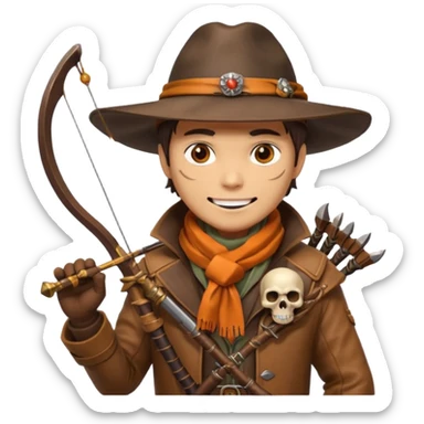 male human monster hunter emoji, wearing brown leather coat and wide hat, holding crossbow or rifle, with amulet shaped like skull, Halloween fantasy theme, confident smile, orange scarf, Apple emoji style, clean white background, square image sticker