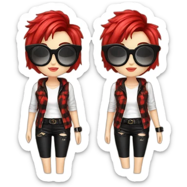 Punk female earrings glasses,red and black short hair, sticker