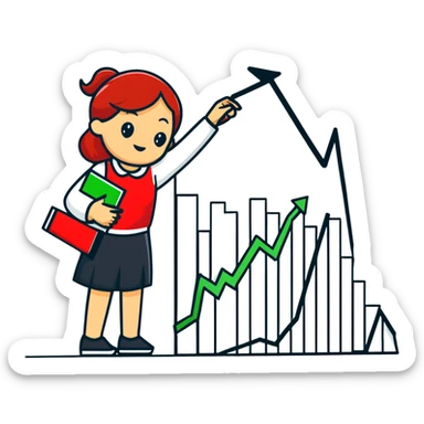 Girl holding chart with rising green graph line in right hand and holding another chart with falling red graph line in left hand sticker
