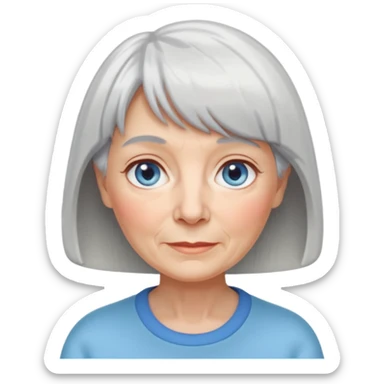 kind older woman, light gray hair with straight bangs and short hair, large light blue eyes, fair skin with soft wrinkles, digital Apple Memoji style, flat colors, soft edges, expressive and friendly sticker