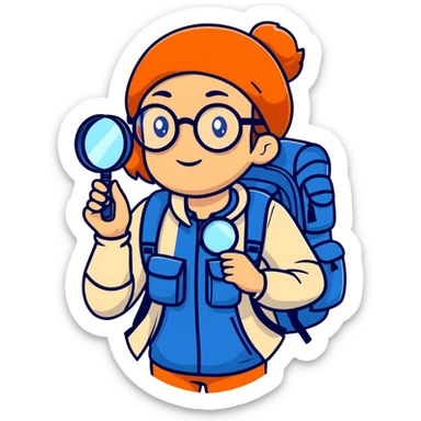 Colorful woman explorer in her 40s with glasses, dark blue and white hiking clothes, backpack, holding magnifying glass sticker