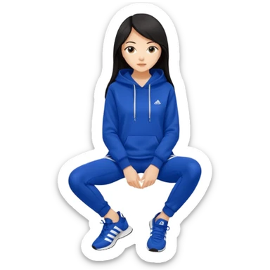 A pretty white/asian tanned girl with medium long strait dark brown almost black hair wearing a royal blue hoodie and leggings with adidas sambad sticker