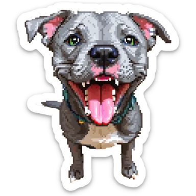 round circle puppy head full grey bleu staffy, big open mouth, big tongue out, stupid expression sticker
