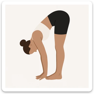 "Minimalist flat vector illustration of a woman doing yoga in forward fold pose (Uttanasana), wearing sportswear (white top and black shorts), brown hair in a bun, clean white background, no face details, elegant style" sticker