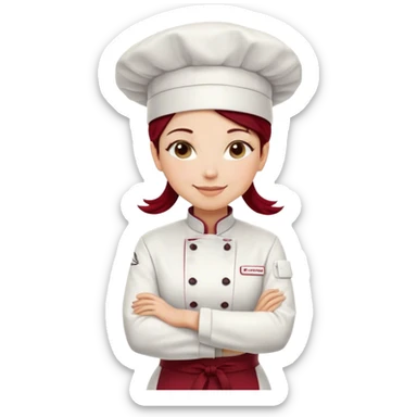 A confident female chef with fair skin, a warm smile, and a professional stance. She wears a white double-breasted chef’s jacket, a tall white hat, and a dark red apron. Her arms are crossed, exuding expertise and leadership sticker