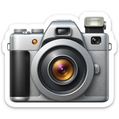 Minimal emoji icon of a modern metalic camera, front view, simple shapes, realistic lens,  sticker