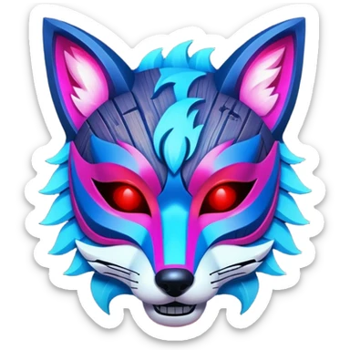 Ancient wooden mask, broken in half, luminous and neon with red, blue, and pink fox-like glow. Fragments of the mask scattered around. sticker