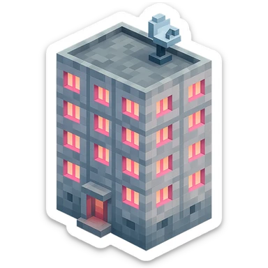 Russian panel apartment building, square block, light gray, pink glowing windows, visible entrance, satellite TV dish on the roof, isometric view sticker