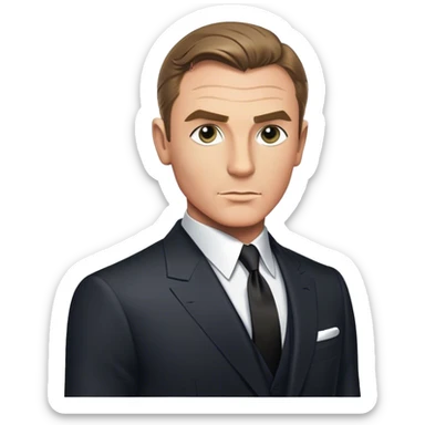 Cinematic Realistic James Bond Portrait Emoji, depicted as a suave, sophisticated secret agent in a tailored suit with a cool, composed gaze and an air of stealth and charm, rendered with crisp textures and dynamic cinematic lighting that captures his timeless espionage allure. sticker