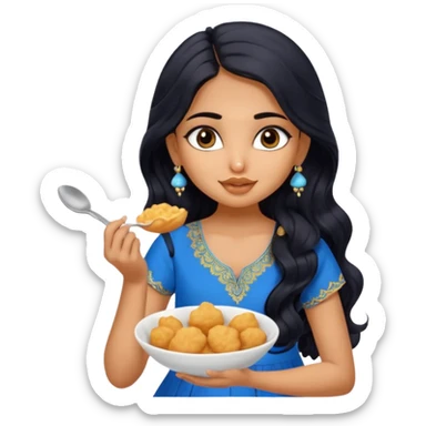 a pretty tan indian bratz girl with wavy long BLACK hair. eyeliner on, wearing a blue kurti, eating golgappa (without spoon) sticker
