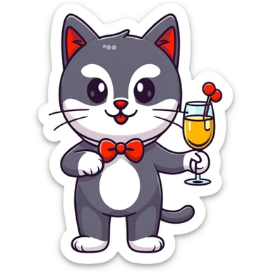black cat with a red clown nose and a glass of champagne in its paw, playful and festive sticker