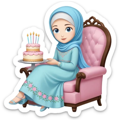 Turkish beautiful finish Konya girl blue eyes with pastel hijab long tail dress and sits on the chair and holds floral cake with her hand  sticker