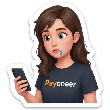Girl looking at her phone with wondering face and a question mark wearing dark tshirt with payoneer written on it not a logo, just a word in the same font as on logo sticker