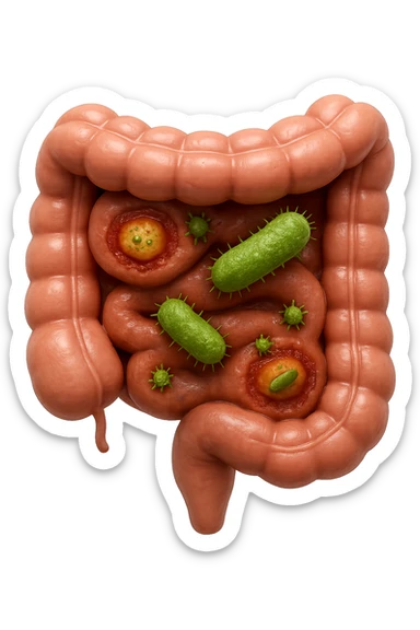 emoji stile iphone in 3d di intestino realistico con infezione e batteri dentro, iperrealistico 4k sticker