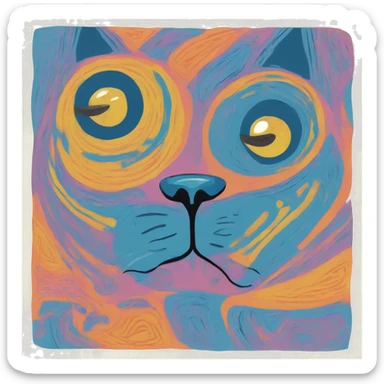 Abstract quirky funky cat made of different shapes and squiggles linocut multicoloured illustrations  sticker