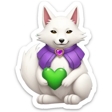A Kitsune Holding a Purple Heart, a Green Heart and a White Coloured Heart sticker