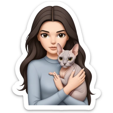 brunette Kendall Jenner with long hair holding on the hands grey white Sphynx sticker