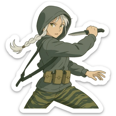 1 female, mid-20's  white hair long braid, gold yellow eyes, gray rainproof hoodie, hood up, single point sling, tan mag pouches on belt rig, tiger stripe camo pants, holding a combat blade, striking, swing sticker