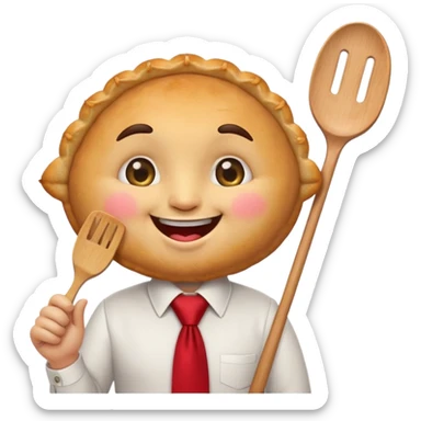 emoji style, happy fried empanada with face, big sparkling eyes, blushing cheeks, two buck teeth, red necktie, holding spatula, thick black outline, golden brown color, very cute and wholesome, transparent backgroun sticker