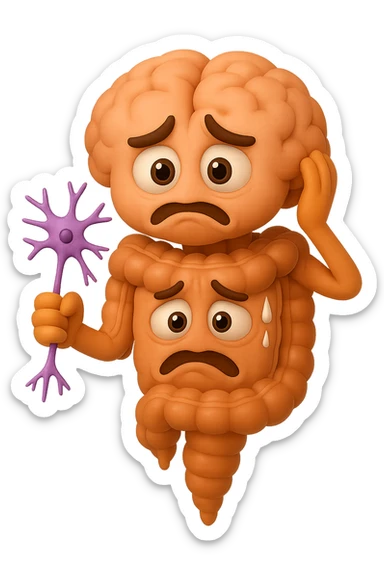 EMOJI STILE IPHONE DI UN INTESTINO collegato verticalmente ad un cervello mentre tiene in mano un neurone, espressione stressata, IPERREALISTICO 4K sticker