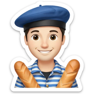 French man with blue and white striped shirt, black beret, holding a baguette, smiling sticker