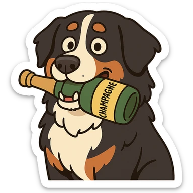 bernese mountain dog with a toy champagne bottle in its mouth, flat toon style sticker