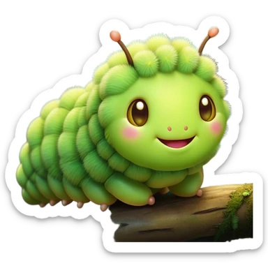 Cinematic Cute Caterpillar Portrait Emoji, Head tilted playfully and inquisitively, featuring a small, fuzzy body with rounded, plump segments, soft, endearing eyes and a charmingly wiggly movement, Simplified yet irresistibly adorable features, highly detailed, glowing with a warm, inviting green glow, high shine, affectionate and lively, stylized with a touch of whimsical woodland charm, soft glowing outline, capturing the essence of a mischievous caterpillar that seems as if it could crawl out of the screen into your arms! sticker