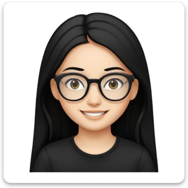 Uzun Siyah, uçları çok hafif sarı düz saçlı , gözlüklü, eyelinerli siyah tişörtlü gülümseyen bir kız emojisi yap sticker