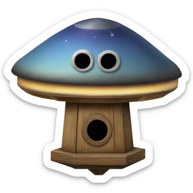 Susan’s Painted wooden flattened UFO alien spaceship shaped birdhouse sticker