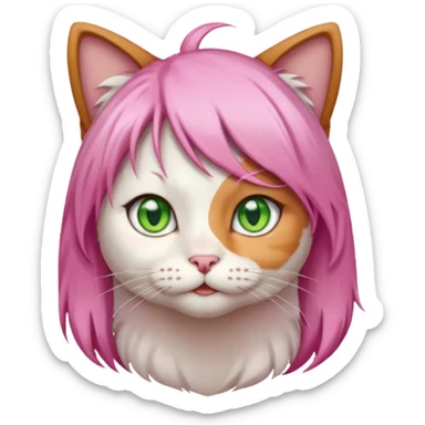 calico cat wear pink hair wig, white T-shirt sticker