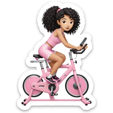 Mixed-race athletic woman with caramel skin, long black curly hair in a high ponytail, riding a pastel pink stationary bike sticker