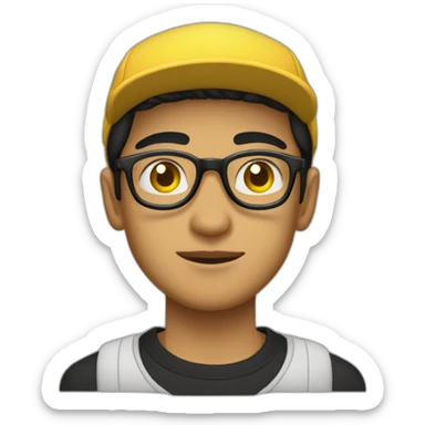 a light skin Pakistani teenager, wearing round glasses, short moustache, black hair, black jumper/sweater, structured manly face, yellow brimless cap sticker