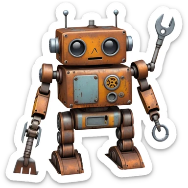 Rusted scavenger robot with patchwork body plates and collection tools attached sticker