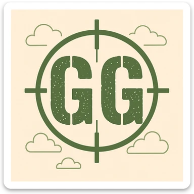 "GG" emote for Call of Duty fans with distressed stencil font, army green color, subtle crosshair or scope detail, energetic and playful sticker