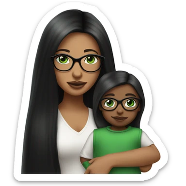 Black long straight hair with green eyes and glasses, big lips white girl holding one year old green eyes white baby boy sticker