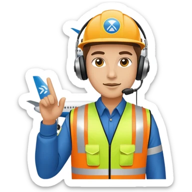 ramp agent at airport wearing reflective vest and headphones, directing aircraft sticker