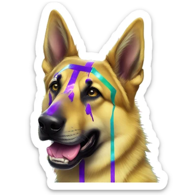 .Zombie_ Vaporwave black holographic oilslick zombie yellow German shepherd dog yellow caution tape graffiti stripes iridescent blue purple yellow stripes sticker
