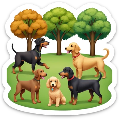 Collage of various dog breeds like Doberman, Poodle, Dachshund, and Golden Retriever, playing in a park with trees and grass. Some dogs run, others sit, all are full of energy and happiness. A joyful, colorful scene with playful expressions. Transparent background. sticker