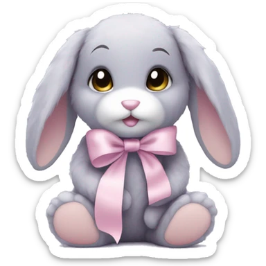 Lilac-grey matted bunny teddy, floppy, with pale pink ribbon sticker